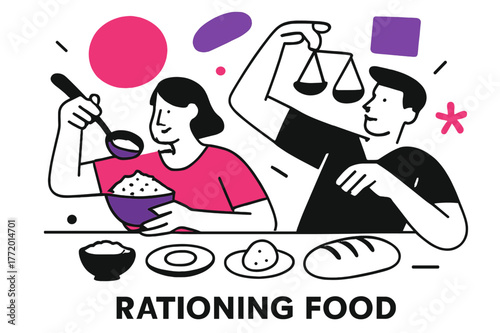 Rationed Portions Display. Rationing Food. Table with measured portions of food and floating abstract geometric shapes, organized and responsible scene. Modern