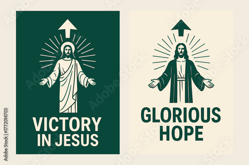 Risen Lord Banners. Risen Lord. Two vertical A6 banners with safe margins, centered composition, no elements touching edges, modern, emerald and ivory, upward