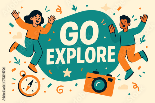 Adventure Awaits Banner. Go explore banner, flat vector illustration, bold oversized text inside rounded blob, cartoon characters jumping and waving, compass