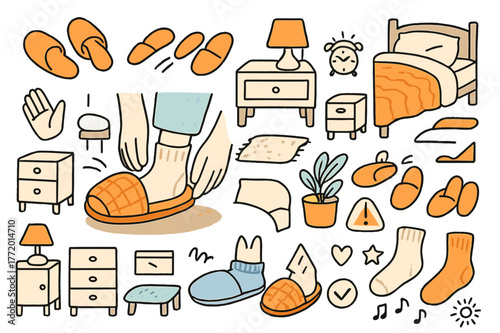 Cozy Bedroom Essentials. Slippers on feet. Hand-drawn doodle illustration slippers (colored), feet (colored), hands (colored), socks (colored), chair