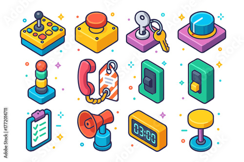 Amusement Ride Controls. amusement ride controls. Colorful isometric vector icons set of amusement ride controls: control panel, emergency stop button, key