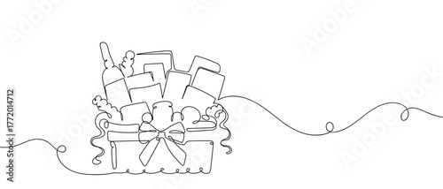Gift basket, one continuous line hand drawn doodle One line design modern illustration Editable stroke.