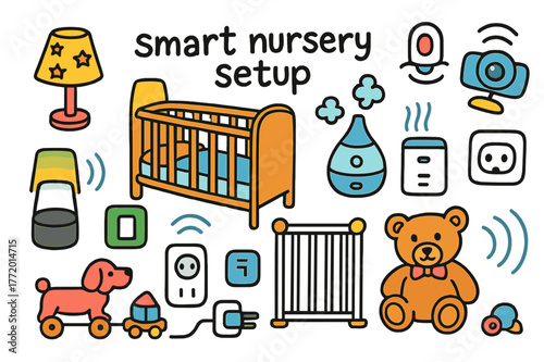 Smart Nursery Icons. Smart nursery setup. Colorful Hand-drawn doodle Children illustration Smart nursery setup crib, night lamp, smart speaker, humidifier, air