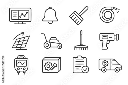 Operations Icon Set. Operations and maintenance. Line icon set of operations and maintenance: monitoring dashboard, alert bell, cleaning brush, water hose,