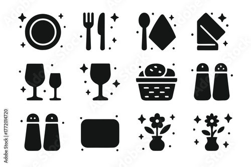 Elegant Table Icons. Dinner Setup. Solid icons set of Dinner Setup: plate, fork, knife, spoon, napkin, wine glass, water glass, bread basket, salt shaker,