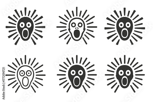 Harmonious Logo Variations. Jump scare. Set Logo of Jump scare: burst lines behind face. harmonious logo variations of the same emblematic concept, each with