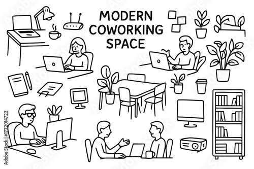 Coworking Space Doodles. Modern Coworking Spaces. Hand-drawn doodle illustration Modern Coworking Spaces desks, laptops, chairs, coffee cups, plants, people