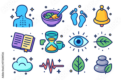Mindfulness Icons Grid. Mindfulness exercises. Colorful isometric vector icons set of mindfulness exercises: body scan silhouette, mindful eating bowl, mindful