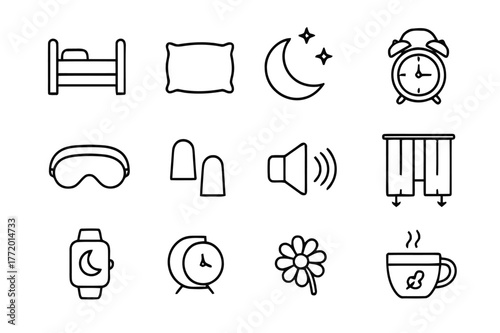 Sleep Hygiene Icons. Sleep hygiene. Line icon set of sleep hygiene: bed, pillow, blanket, moon, stars, alarm clock, eye mask, ear plugs, white noise, blackout