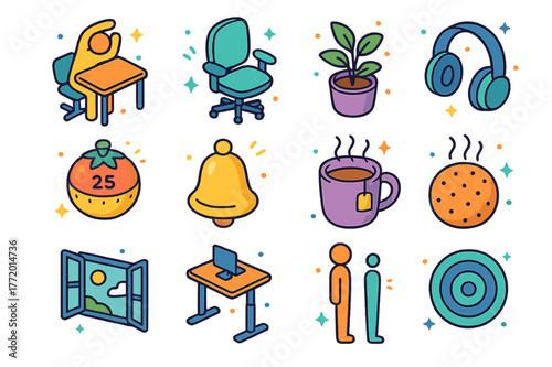 Stress Relief Icons. Stress relief at work. Colorful isometric vector icons set of stress relief at work: desk stretch figure, ergonomic chair, desktop plant,