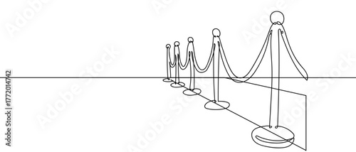 Red carpet fence, one continuous line, hand drawn doodle.  One line design modern illustration Editable stroke.