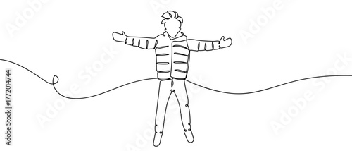 Boy in sweater jumping with joy, one continuous line hand drawn doodle. One line design modern illustration Editable stroke.