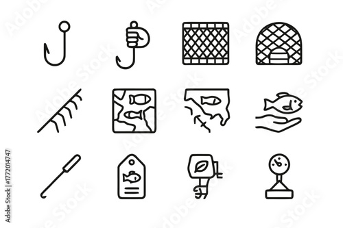 Responsible Fishing Icons. Responsible Fishing. Line icon set of Responsible Fishing: circle hook, handline, selective gillnet, fish trap pot, bird scaring