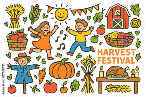 Colorful Harvest Celebration. Harvest festival. Colorful Hand-drawn doodle Children illustration Harvest festival wheat sheaves, corn, pumpkin, baskets, hay