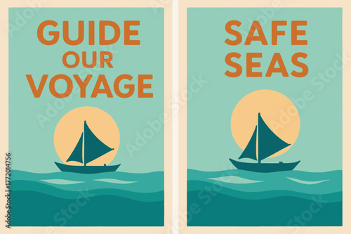 Safe Seas Banners. Ocean Voyager. Two vertical A6 banners with safe margins, centered composition, no elements touching edges, pastel, turquoise and orange,