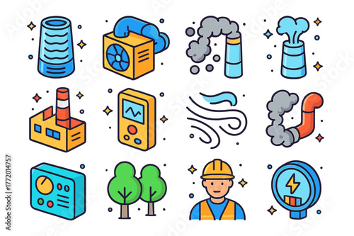 Environmental Tower Icons. Environmental towers. Colorful isometric vector icons set of environmental towers: air filter tower, ventilation system, smoke