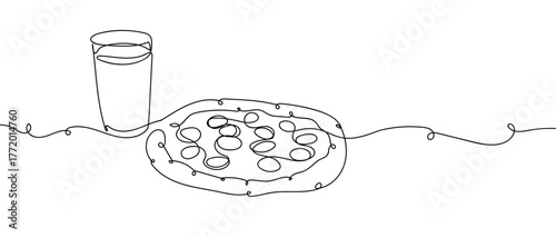 Large pizza with a glass of beer on the side. One continuous line hand drawn doodle. One line design modern illustration Editable stroke.
