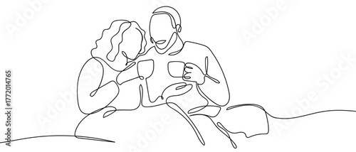Couple drinking morning coffee on sofa. One continuous line hand drawn doodle. One line design modern illustration Editable stroke.