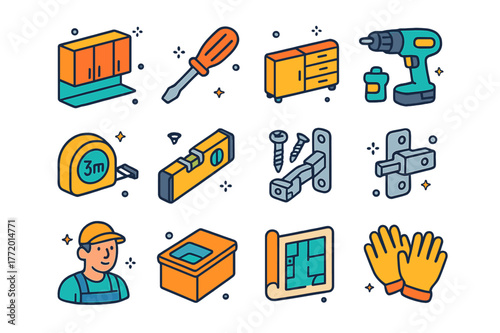 Colorful Kitchen Icons. Kitchen installation. Colorful isometric vector icons set of kitchen installation: upper cabinets, lower cabinets, screwdriver, drill,