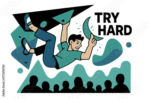 Dynamic Bouldering Challenge. Bouldering Overhang Problem. Heels hook, core tight, the climber swings to a crescent-shaped pinch; ?TRY HARD? floats beside