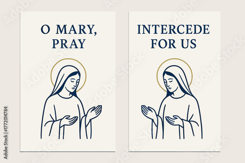 Marian Prayer Banners. Marian Intercession. Two vertical A6 banners with safe margins, centered composition, no elements touching edges, minimal, navy and
