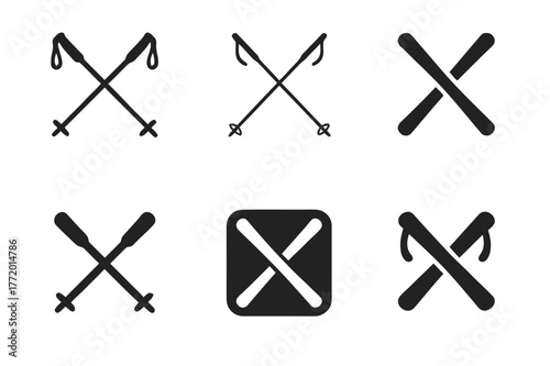 Ski Pole Logo Variations. Pole. Set Logo of Pole: Crossed ski poles. Icon set. harmonious logo variations of the same emblematic concept, each with different