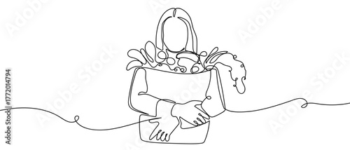 Food illustration. Woman holding a paper bag with cooking ingredients. One continuous line hand drawn doodle. One line design modern illustration Editable stroke.