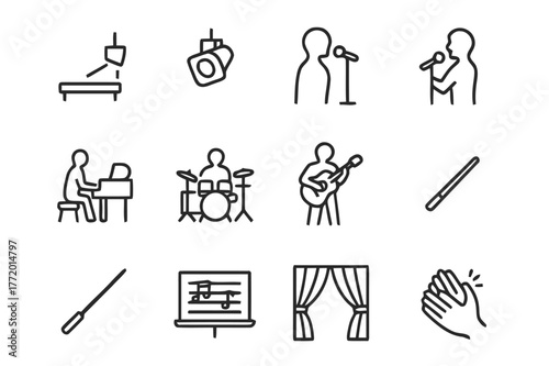 Musical Rehearsal Icons. A Musical Theater Cast Rehearsing a Song in Front of a Live Band. Line icon set of A Musical Theater Cast Rehearsing a Song in Front