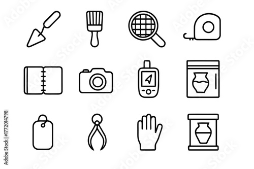 Archaeology Tools Icons. Archaeology tools for relics. Line icon set of archaeology tools: trowel, brush, sieve, measuring tape, field notebook, camera, gps