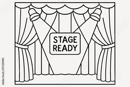 Stage Curtain Coloring Page. Curtain and spotlight view children?s coloring book illustration, outlined drawing, a closed curtain with light beams shining down