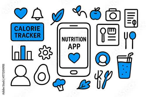 Doodle Nutrition App Design. Mobile nutrition app. Hand-drawn doodle illustration mobile nutrition app smartphone screen (accented), calorie tracker