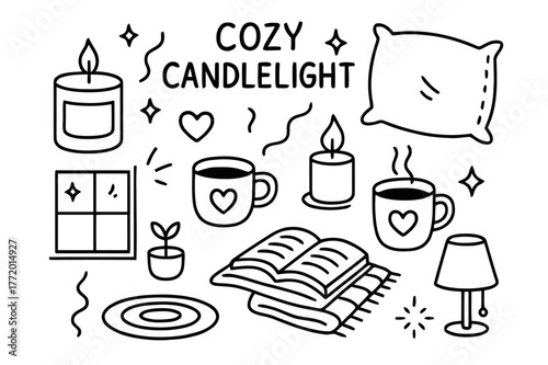 Cozy Candlelight Doodle. Cozy candlelight. Hand-drawn doodle illustration Cozy candlelight candle jar, cup, flame, heart, sparkle, pillow, mug, blanket, book,