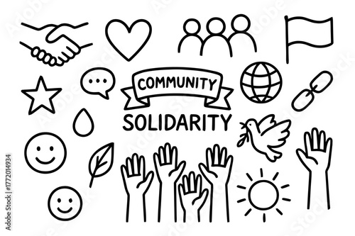 Community Solidarity Icons. Community solidarity. Hand-drawn doodle illustration Community solidarity handshake, heart, group icon, globe, banner, raised