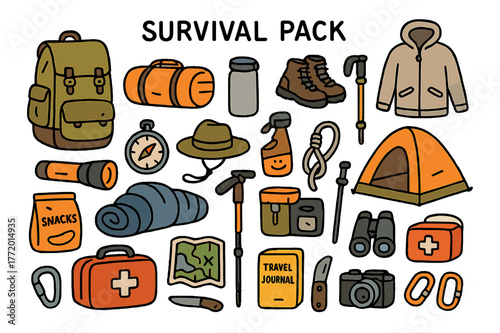 Colorful Survival Gear. Survival pack. Hand-drawn doodle illustration backpack (colored), duffel bag (colored), sleeping bag (colored), water bottle (colored),