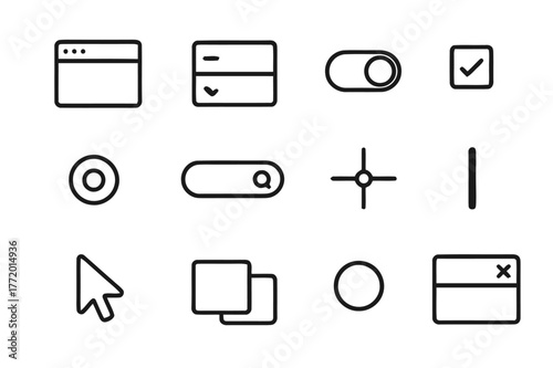 UI Icon Grid. User Interface. Line icon set of User Interface: window frame, dropdown menu, toggle switch, checkbox, radio button, search bar, slider, scroll