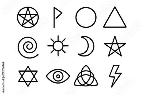 Occult Symbol Icons. Occult symbols. Line icon set of occult symbols: pentagram, rune, circle symbol, triangle symbol, spiral, sun symbol, moon symbol, star,