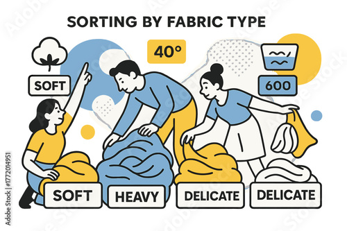 Fabric Sorting Illustration. Sorting by Fabric Type. Cotton, wool, and silk icons hover beside piles labeled ?Soft / Heavy / Delicate.? Floating tags represent