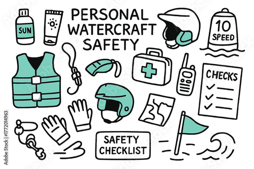 Watercraft Safety Doodles. // Personal watercraft safety. Hand-drawn doodle illustration Personal watercraft safety [PFD vest (accented), helmet (accented),