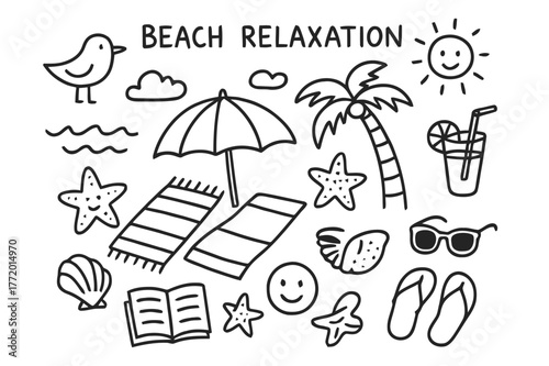 Beach Relaxation Doodles. Beach relaxation. Hand-drawn doodle illustration beach relaxation umbrella, towel, waves, palm tree, sun, seashell, drink,
