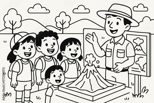 Volcano Field Trip Fun. Volcano field trip children?s coloring book illustration, outlined drawing, cheerful kids with a guide looking at a model volcano and