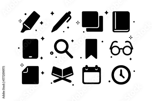 Study Tools Icons. Reading and Study Tools. Solid icons set of Reading and Study Tools: highlighter, pen, sticky notes, notebook, tablet, magnifier, bookmark,