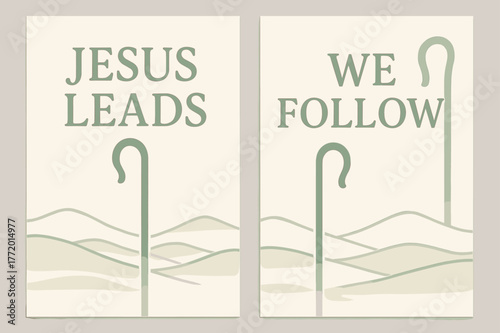 Pastel Shepherd Banners. Shepherd?s Way. Two vertical A6 banners with safe margins, centered composition, no elements touching edges, pastel, sage and cream,