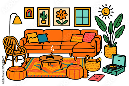 Boho Living Room Doodles. Boho Living Room. Colorful Hand-drawn doodle Children illustration Boho Living Room sectional sofa, rattan chair, patterned rug,