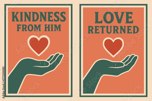Kindness and Love Banners. Compassion. Two vertical A6 banners with safe margins, centered composition, no elements touching edges, retro, coral and teal, open