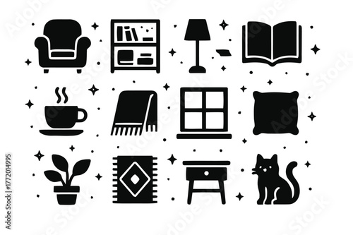 Reading Nook Icons. Reading Nook. Solid icons set of Reading Nook: armchair, bookshelf, lamp, book, coffee cup, blanket, window, cushion, plant, rug, side