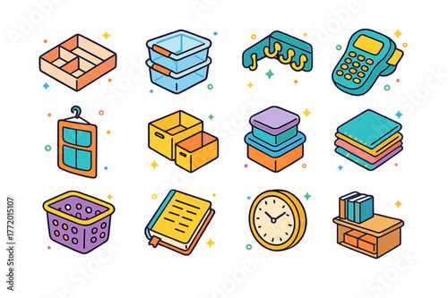 Home Organization Icons. Home organization tools. Colorful isometric vector icons set of Home organization tools: drawer dividers, clear storage bins, wall