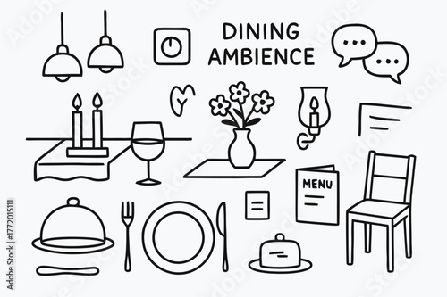 Dining Ambience Illustrations. Dining ambience. Hand-drawn doodle illustration dining ambience [pendant trio (accented), dimmer slider (accented), table