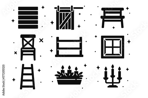 Farmhouse Icon Collection. Farmhouse style with reclaimed wood. Solid icons set of Farmhouse style with reclaimed wood: shiplap wall, sliding barn door,