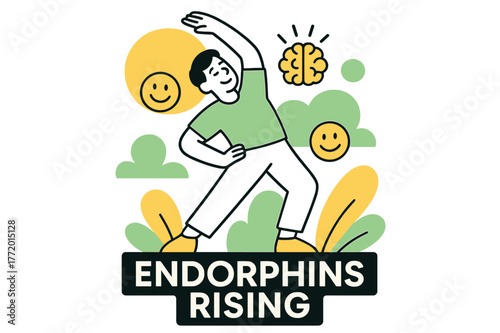 Endorphins Rising Illustration. Mental Wellness Boost. A person stretches in sunlight, floating icons show brain sparks and smile glyphs. ?Endorphins Rising?