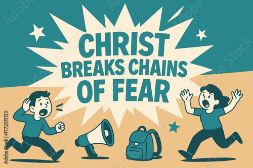 Christ Breaks Chains. Christ Breaks Chains of Fear banner, flat vector illustration, bold oversized text inside splash explosion, cartoon characters running